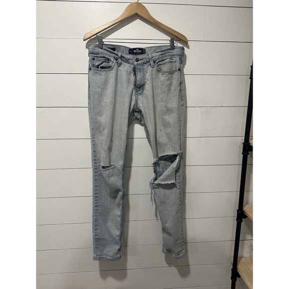 Hollister Men Skinny Ripped Jeans Size 30x32 Light Wash Blue Denim Epic Flex - Picture 9 of 10